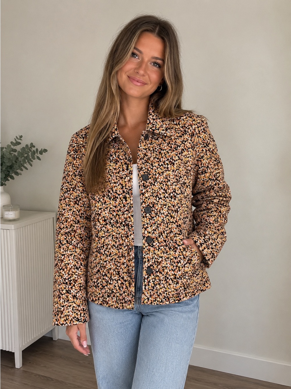 Floral Quilted Button-Up MSCH Jacket - Brown Floral